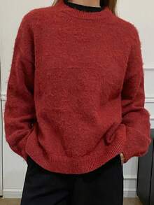 Livesso 女士宽松纯色毛绒针织毛衣，适合秋季、冬季、新年、圣诞节 - 紅色 - 查看 2