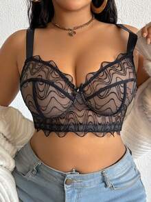 1 pieza Sujetador lencero con aros y bordado de malla para tallas grandes - Negro - Ver 1