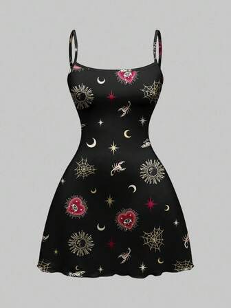 Goth Gotischer dunkler Palast Herz Edelstein Sonne & Mond Allover Muster Mini Kleid für Frauen