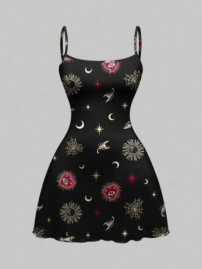 Robe mini à imprimé intégral gothique, sombre, palais, cœur, pierre précieuse, soleil et lune pour femmes