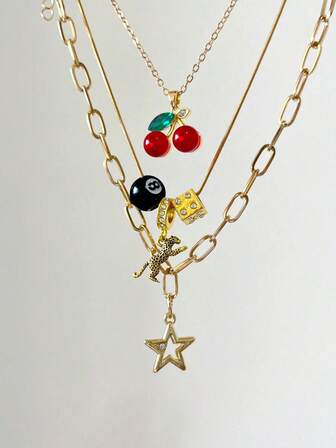 Goth 2pcs Punk Vintage Style Rhinestone Star Pendant Necklace, Luxury Iced Out Double Layer Star Chain Necklace, Streetwear Choker