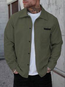 Manfinity Homme 男士衬衫外套 男士前扣长袖口袋简约衬衫夹克 休闲日常装 男士夹克 男士衬衫外套 秋冬男士夹克 男友礼物 出门保暖长袖休闲灯芯绒法兰绒外套 - 軍綠色 - 查看 5