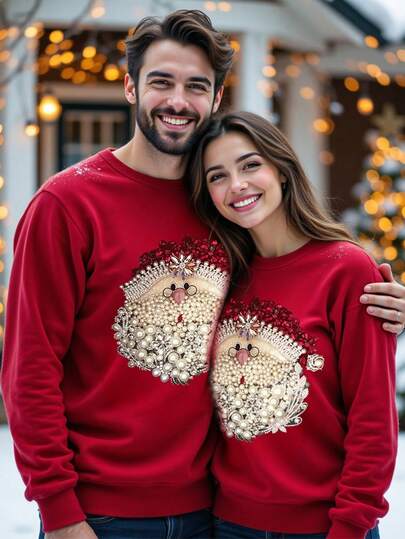 Manfinity Homme Sudadera holgada de hombros caídos y gruesa talla grande para hombres en color rojo, sudadera navideña, adecuada para parejas, familia y fiestas