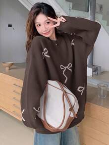 DAZY Sweater Pullover Kasual Wanita Model Longgar dengan Kerah Bulat dan Hiasan Pita - Coffee Brown - View 3