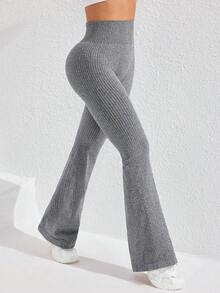 Eassivo Eassivo 女式纯色罗纹高腰无缝瑜伽健身喇叭紧身裤 - 深灰色 - 查看 3