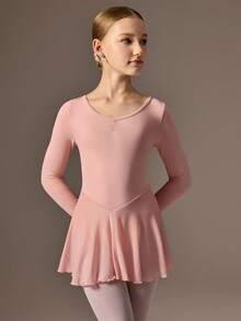 SHEIN 女童长袖粉色芭蕾舞裙，圆领，前襟褶皱设计，可爱的蝴蝶结后背设计，柔软轻盈的网眼裙，裆部按扣，高弹力，亲肤，适合舞蹈、瑜伽和运动穿着 - 藕粉色 - 查看 4