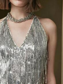 Revavyn 女式无袖亮片露背系带短款流苏设计上衣，适合约会穿着，优雅大方 - 銀色 - 查看 8