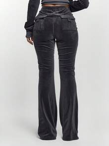MUSERA Drawstring Tie Ruched Front Low Waist Velour Skinny Fitted Flare Trousers Bottoms Only Sexy Going Out   Night Out  Cute Streetwear Pants Spring - Dark Grey - View 4