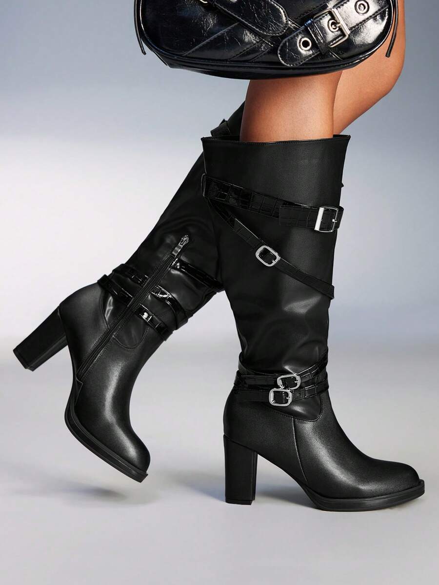 CUCCOO GRLICON Women's Buckle Decor Faux Platform Round Toe Chunky Heel Over-The-Knee Boots, Suitable For Halloween, Christmas, Party, Y2K Style - Black - View 1