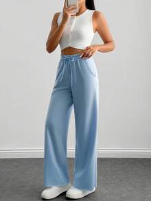 EURMUSE Drawstring Waist Slant Pocket Spring Clothes Sweatpants - Blue - View 5