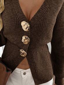 Easowa New Autumn Casual Dropped Shoulder Cinched Waist Elegant Cardigan For Women Button Up Cardigan Brown Sweater Coffee Brown Top Brown Cardigan Chocolate Brown Top,Fall,Fall Clothes For Women,Winter Clothes For Women - Coffee Brown - View 8