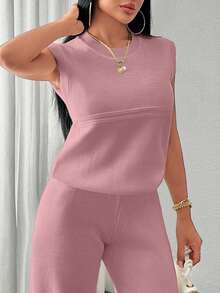 EURMUSE Two Pieces Sleeveless Knit Set Featuring Minimalist Crew Neck Top And High-Waisted Ribbed Pants In Soft Ivory - Pink - View 4