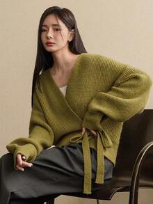 Dazy-Less Women's Elegant Cardigan Sweater, Casual Business Style With Oblique Placket And Waist Cinching, Suitable For Autumn And Winter - Green - View 6