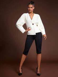 Hauture Women's Office Casual Elegant Low Front Neck With Barrel Sleeves Tweed Blazer - Beige - View 4