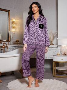 Ensemble pyjama femme haut à col châle et pantalon imprimé léopard en faux soie, vêtements d'automne et d'hiver