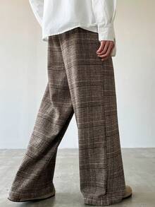 Manfinity Hypemode Men's Casual Houndstooth Pattern Loose Wide-Leg Suit Pants, Suitable For Work And Commute Men Wide Leg Pants Pleated Pants Men Wide Leg Pants Plaid Wide Leg Pants Men Plaid Pants - Khaki - View 2