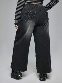 ROMWE Goth Plus Size Women Casual Grunge-Punk Distressed Five-Pointed Star Washed Loose Straight Leg Jeans, Vintage Wash Denim Pants For Autumn/Winter - Black - View 3