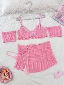 SHEIN Plus Size Sexy Puff Sleeve Semi-Sheer Mesh Top + G-String + Mini Skirt + Sleeve Cuffs 5-Piece Set - Pink - View 10