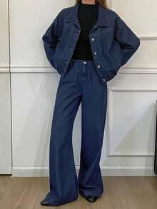 Livesso 女式休闲高领上衣和牛仔裤套装，秋季 - 藍色 - 查看 1