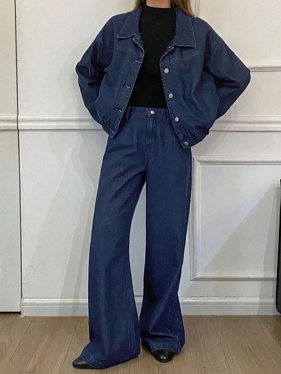 Livesso 女式休闲高领上衣和牛仔裤套装，秋季 - 藍色 - 查看 1