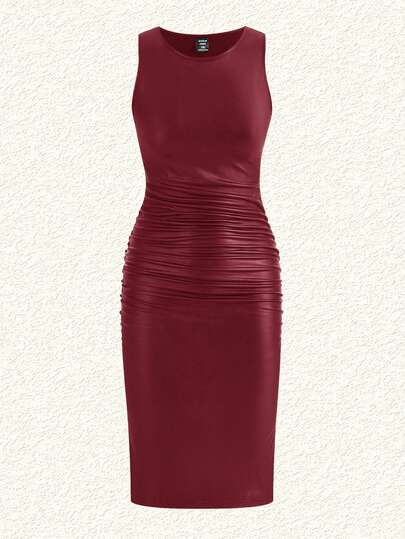 SHEIN EZwear Vestido sin mangas de cuero elástico color vino tinto, estilo de Navidad y Día de San Valentín