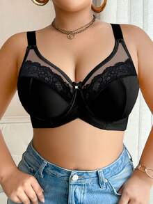 DesireSculpt Plus Size Solid Color Mesh & Lace Patchwork Underwire Bra - Black - View 4