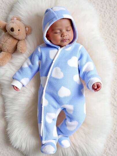 新生女婴可爱粉色心形羊毛连帽长袖连脚连体衣，秋冬婴儿睡衣