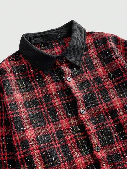 Street Life Men's Autumn Fashionable Plaid Sequin Decorated Shacket