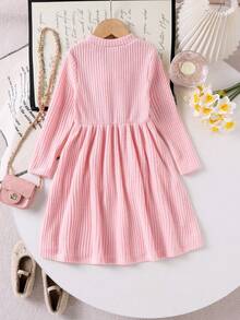 Young Girls Knitted Ribbed Crew Neck Long Sleeve Big Bow 3D Floral Sweater Dress, Sweet & Cute, Spring/Autumn - Pink - View 2