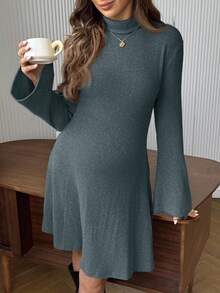 Cheriluna Maternity Umstandskleid mit Rollkragen, weiten Ärmeln und Rippstruktur, einfarbig, Lässig, Herbst - Graublau - Übersicht 4
