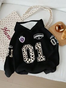 Slaydiva Printed Hoodie Contrast Color Tracksuit F1 Letter Number Badge Printed Street Fashion Hip Hop Graphic Plus Size Sweatshirt For Women, Suitable For Autumn/Winter, Airport Outfit, Chic Leopard Print Hoodie Black Hoodie Hoodies Y2k Hoodie