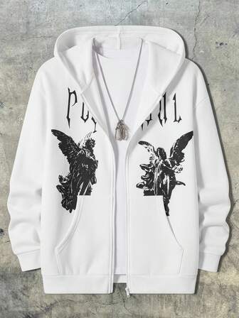 AXEPEAK Loose Fit Men's Angel & Letter Graphic Kangaroo Pocket Zip-Up Hooded Sweatshirt, Long Sleeve Top