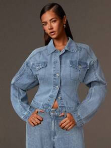 Athîral Women's Rawn Denim Cinched Denim Jacket Casual Denim Jacket With Single-Breasted Button, Long Sleeve, Drop Shoulder, Autumn - Baby Blue - View 3