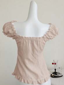 Elamini White Sexy Off Shoulder Puff Sleeve Frill Trim Fitted Blouse, Slimming, Suitable For Spring/Summer Vacation - Khaki - View 2