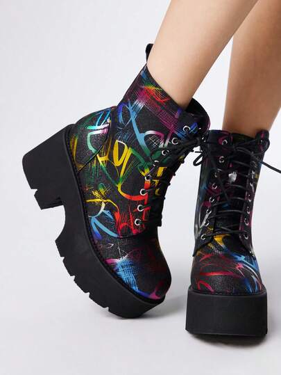 Grunge Punk Women's Colorful Punk Style Thick Heel Ankle Boots, Gothic Fashion Graffiti Striped Wedge Heel Combat Boots, Comfortable
