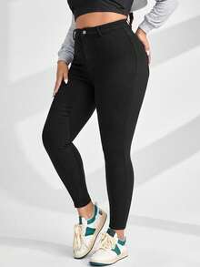 SHEIN CURVE+ Plus Size Women Cowgirl Casual Black Elastic Skinny 7/8 Pants, Rodeo - Black - View 5