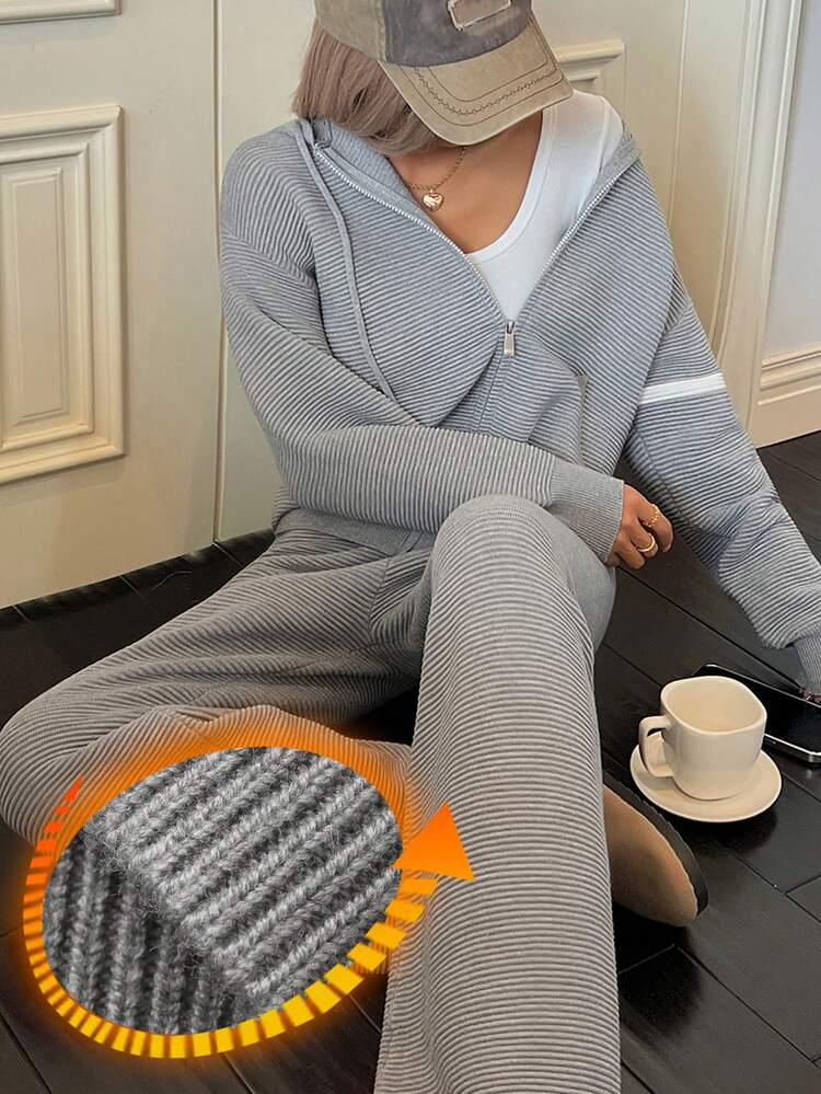 Women's Casual Striped Knit Loose Hoodie And Pants Loungewear Set, Winter