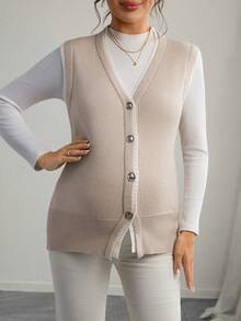 Momance Maternity V-Neck Cinched Waist Metal Button Design Sweater Vest