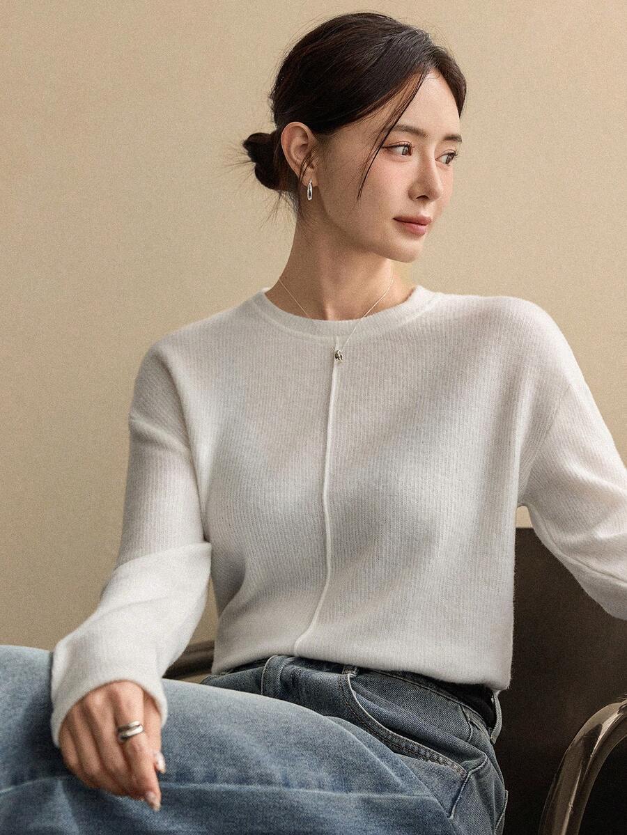 Dazy-Less Thermal Lined Loose Business Casual Long Sleeve T-Shirt For Women, Color Block, Suitable For Autumn & Winter Office Wear - White - View 1