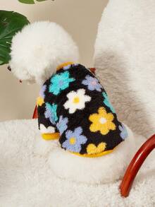 PETSIN 1pc Pet Cat Dog Universal Color Flower Pattern Printed Cute Double Sided Elastic Plush Comfortable Warm Dog Round Neck Hoodie