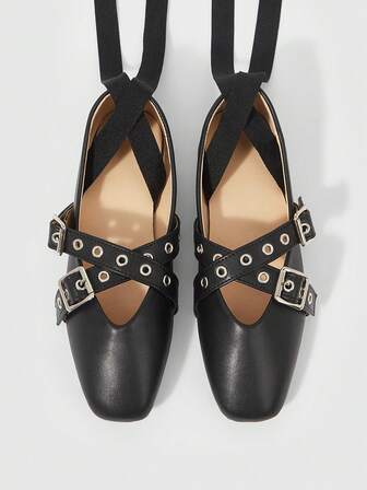 Grunge Punk CUCCOO Fashionable & Comfortable Square Toe Flat Shoes With Criss-Cross Strap