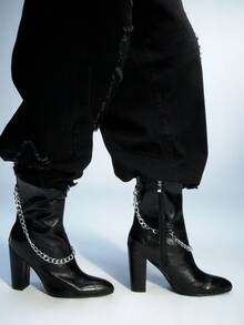 Sugerpunk Botas de tacón alto hasta el tobillo con puntera puntiaguda y decoración de cadena para mujer - Negro - Ver 4