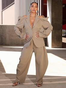 Vixey Cold Shoulder Pleated Long Sleeve Collared Blazer - Khaki - View 3