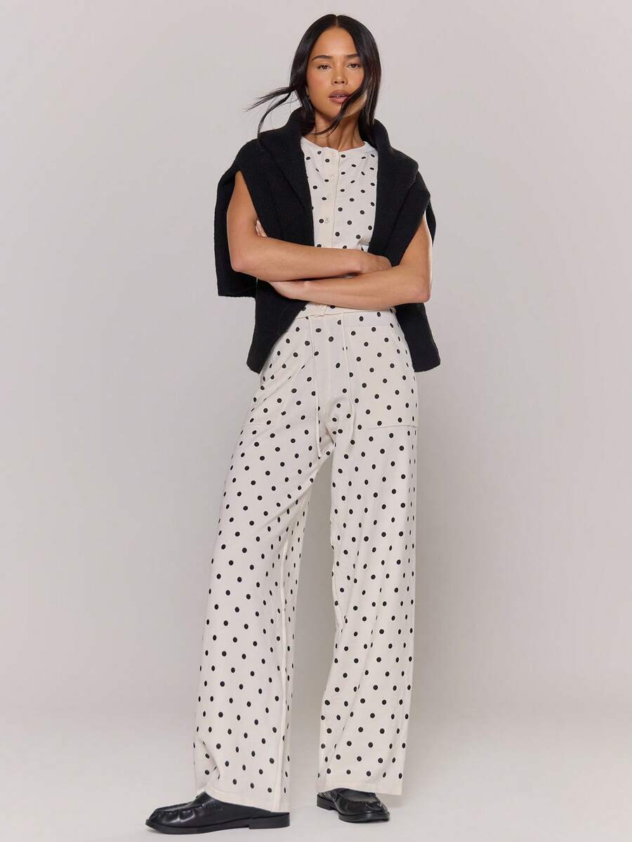 MUSERA Quần ống rộng phối dây rút đan chấm bi chỉ dành cho dịp Giáng sinh, đi chơi, mùa thu, mùa thu, đêm hẹn hò, mùa đông, ấm cúng - Màu be - Xem 1