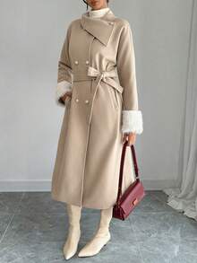 Elenzga 女士束腰人造毛皮拼接长款优雅大衣，秋冬款 - 杏色 - 查看 3