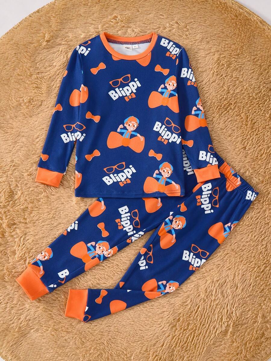 Blippi X SHEIN Young Boy Cartoon Figure Graphic Colorblock Splice Elastic Snug Fit Pajama Set For Autumn/Winter Boy Pjs Set