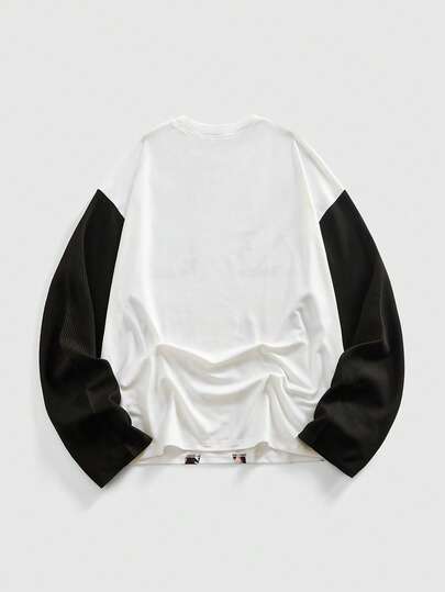 Street Life Camiseta de manga larga casual de cuello redondo con bloqueo de color e impresión de bandera para hombres