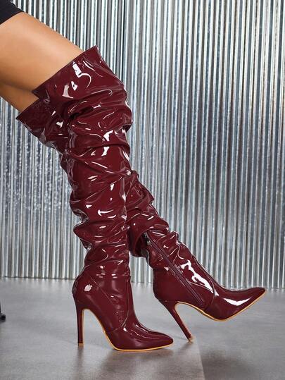 CUCCOO SZL Women's Stiletto High Heel PU Boots, Sexy Party Dance Boots, Wide Leg Boots, Pleated Boots, Thigh High Boots, Autumn/Winter For Christmas