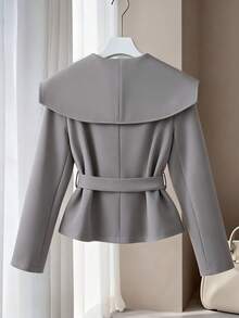 SHEIN Franclia 女士优雅简约通勤时尚翻领可调节腰带短袖西装外套，秋冬 - 淺灰色 - 查看 2