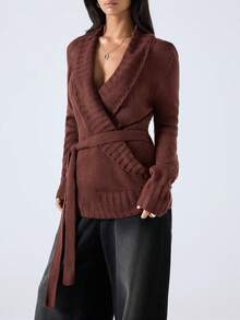 LYSMO 2025 Winter Minimalist V-Neck Elegant Long Sleeve Sweater, Autumn/Winter/Christmas/New Year/ Thanksgiving/Graduation/Elegant Brown Sweater